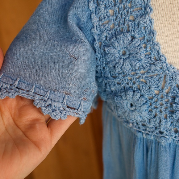 Vintage 70's Boho Handmade 100% Cotton Knit/Crochet Blue Midi Tiered Dress - Picture 17 of 17